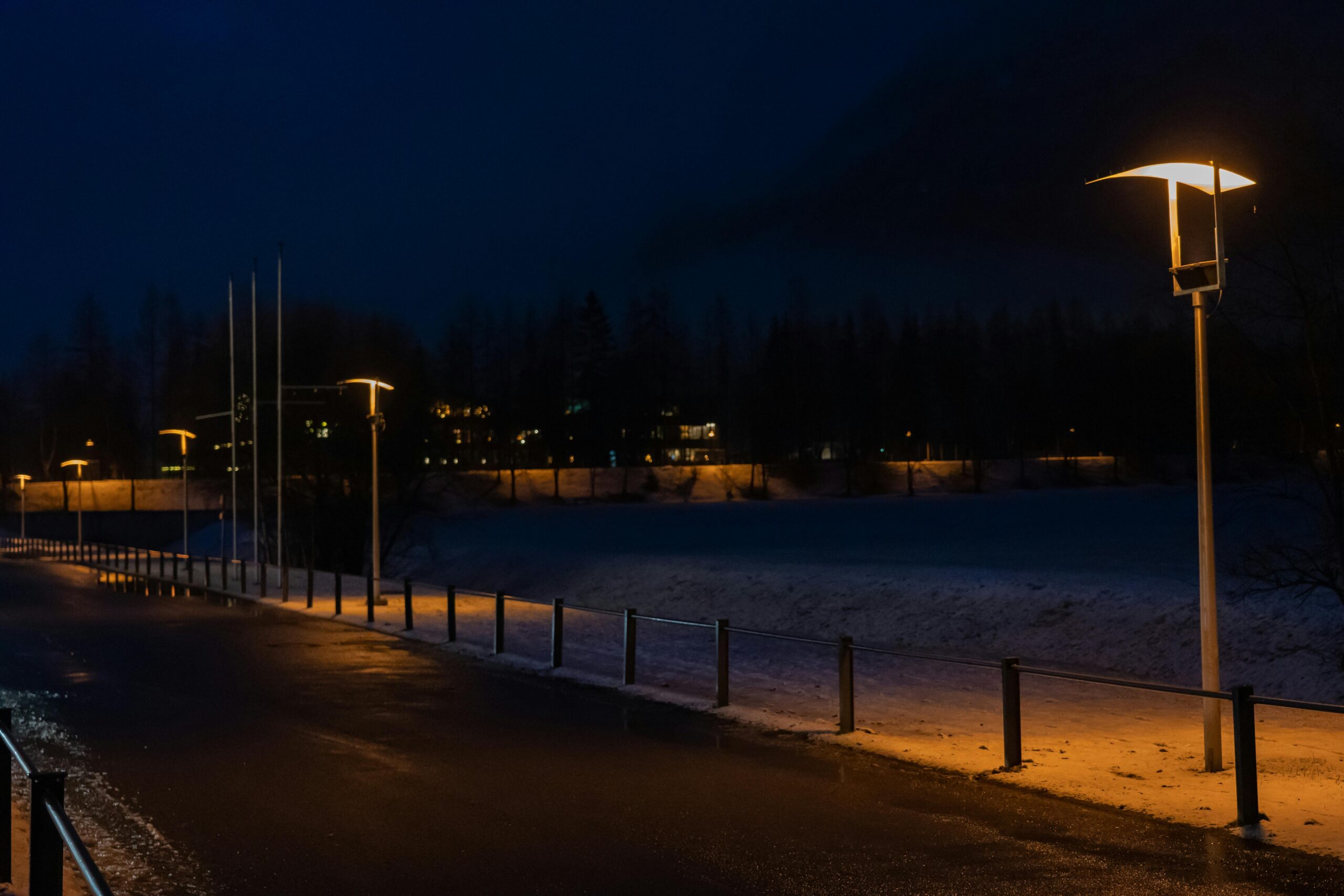 Street lamps illuminate a deserted snowy road at nighttime, creating a moody winter scene.